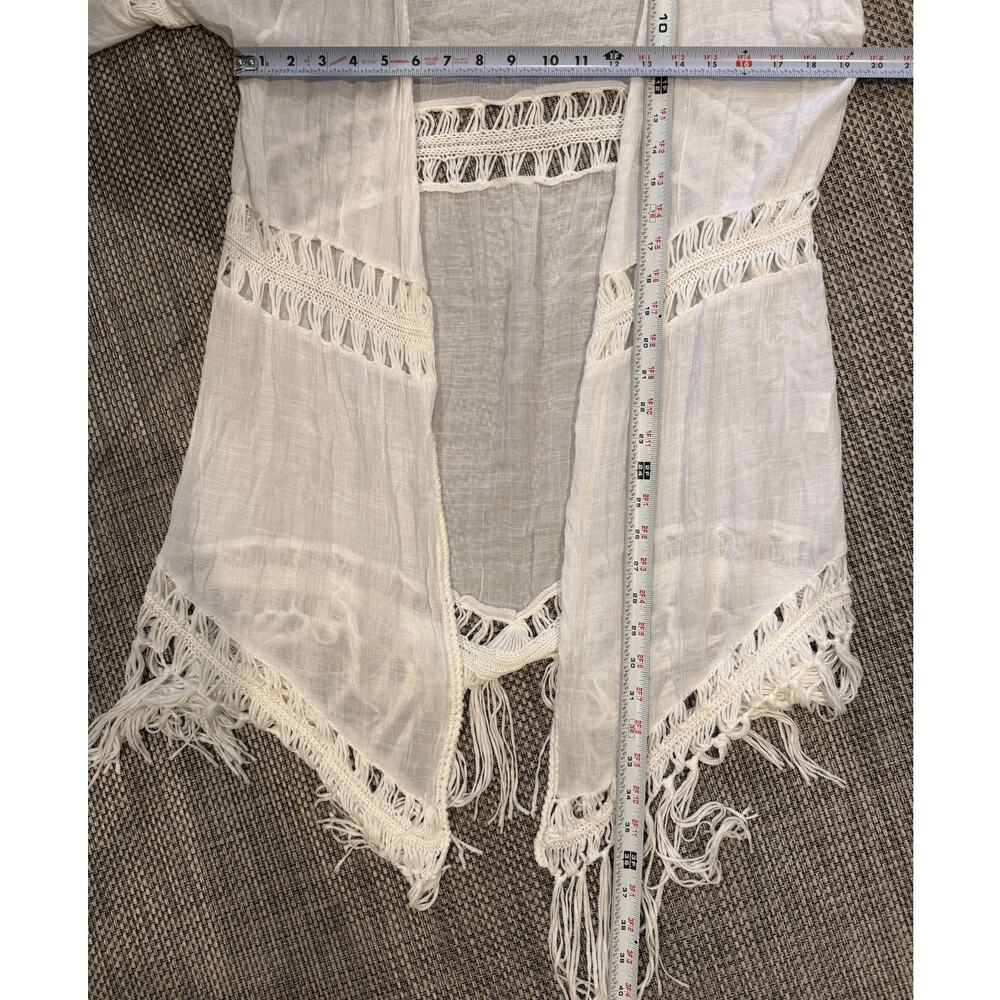 VIVID NWT Artsy Boho Long Sleeve Assymetrical Hem Fringed Kimono Crochet Trim  L - Picture 7 of 7